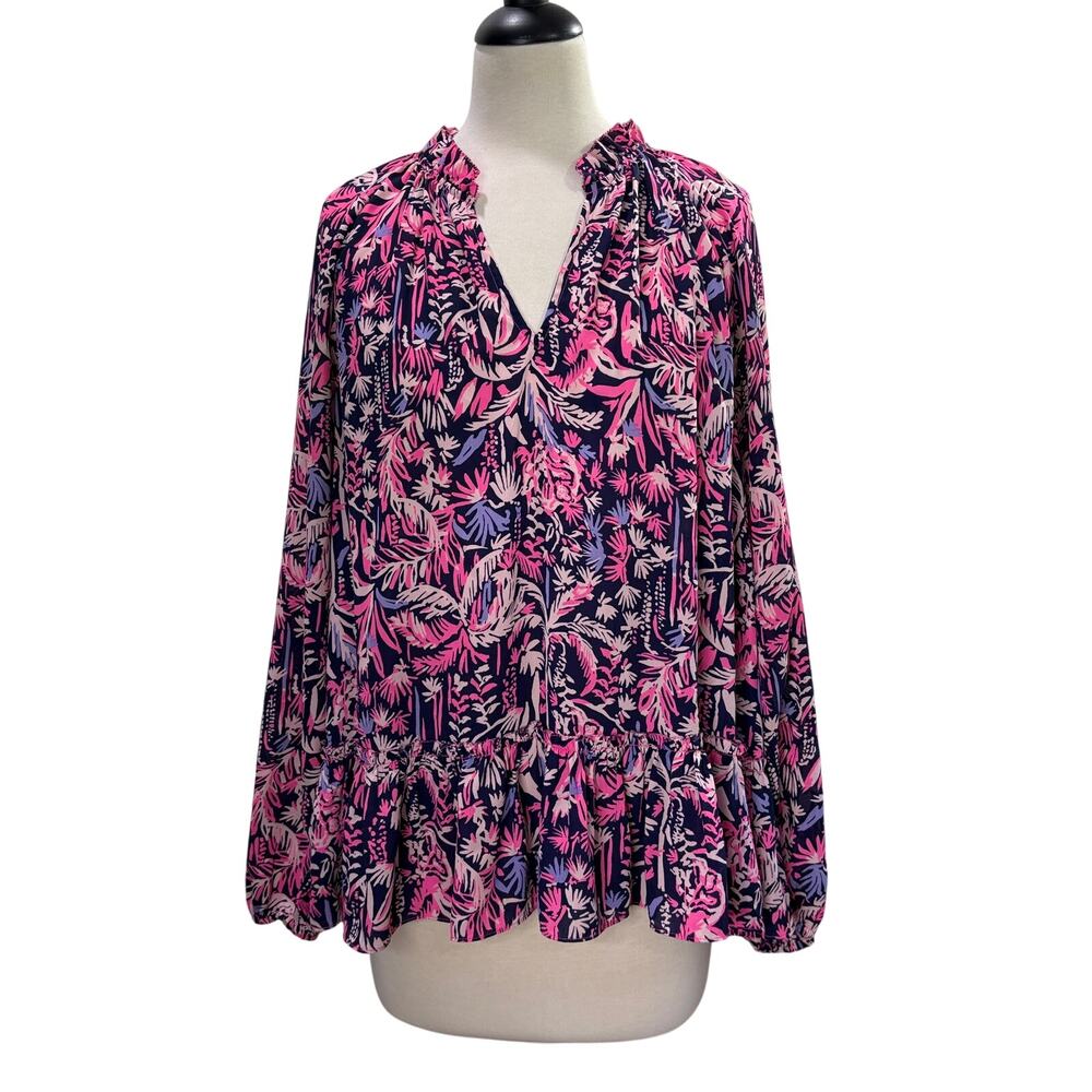 Lilly Pulitzer Size M Savanna Top Navy Swing Of Things Print Pink Purple Floral
